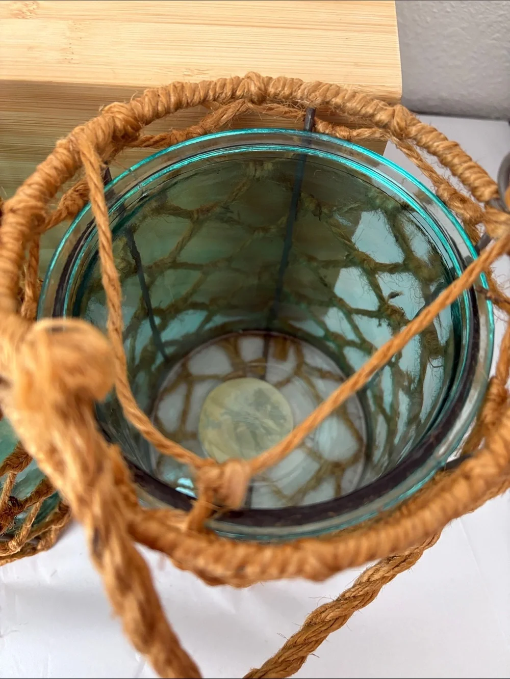 Home Essentials Aqua Glass Lanterns with Natural Jute Netting (2) Preowned